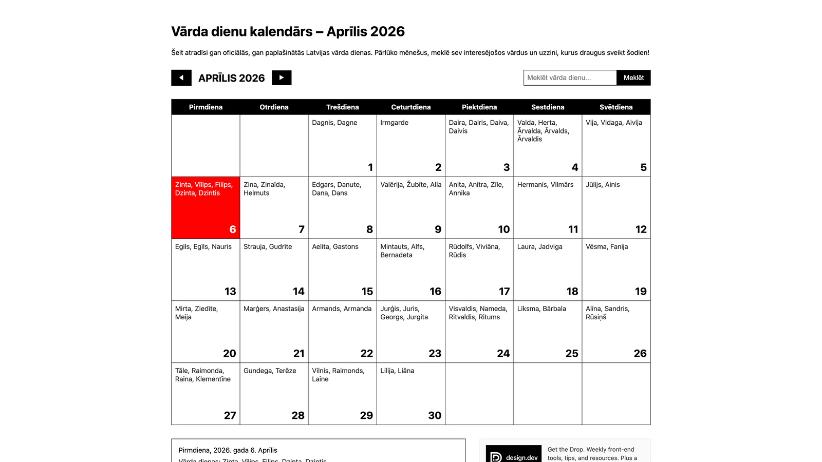 Latvian name day calendar